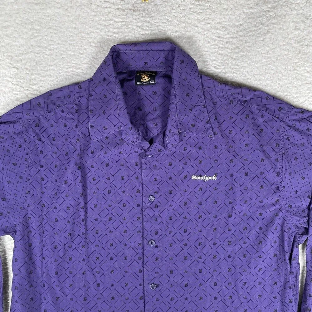 Vintage South Pole Shirt Mens 2XL XXL Purple AOP Print Logos Button Long Sleeve